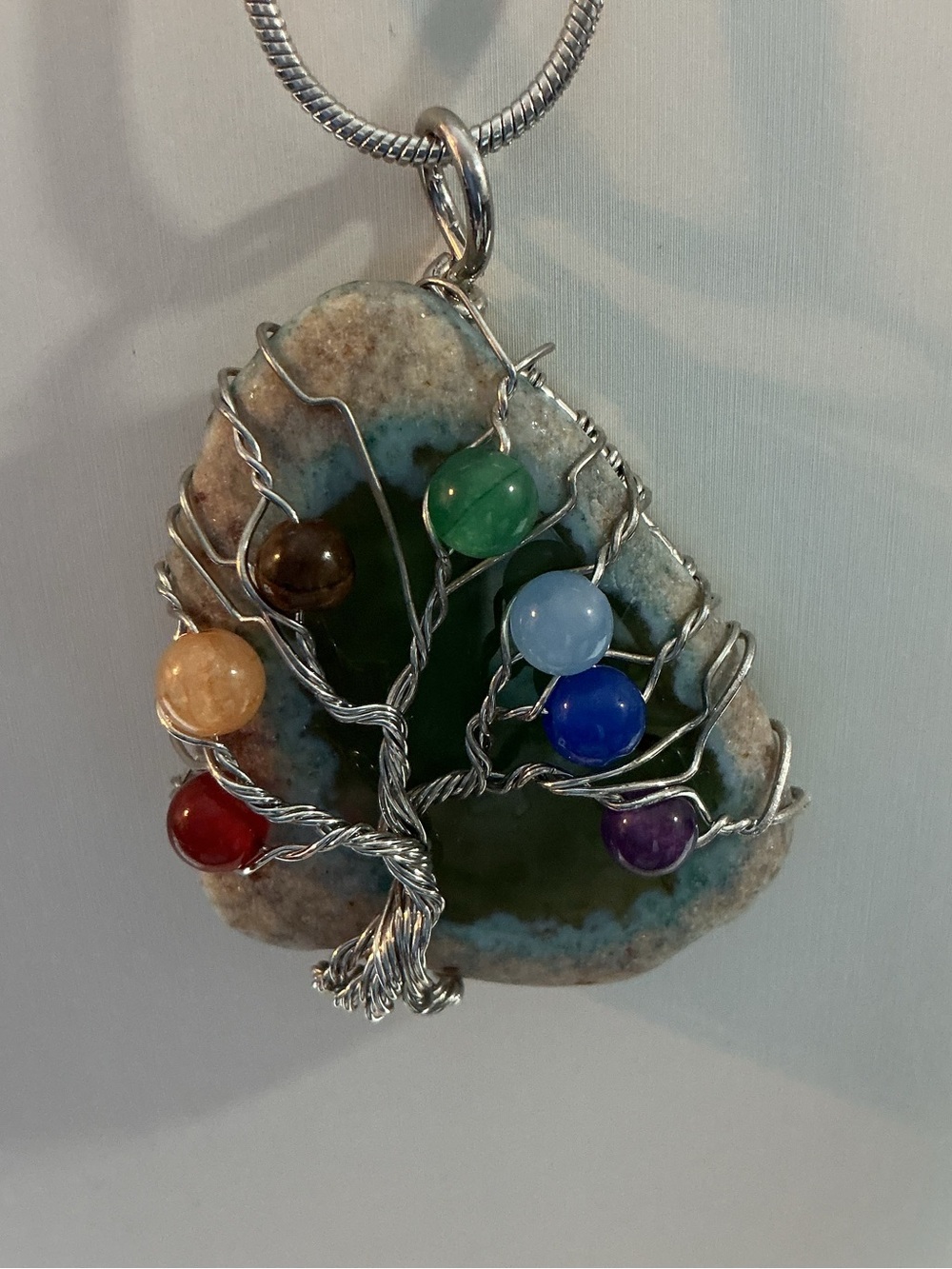 Tree of Life Green Chalcedony Sever Chakra Silver Tone Pendant Necklace